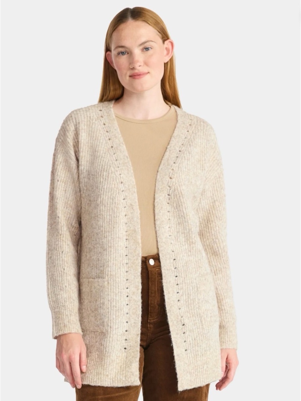 Time and Tru Open-Front Beige Knit Cardigan